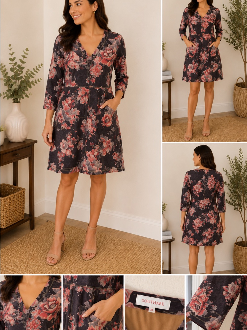 Solitaire Floral Long Sleeve Open Cardigan in Navy and Pink